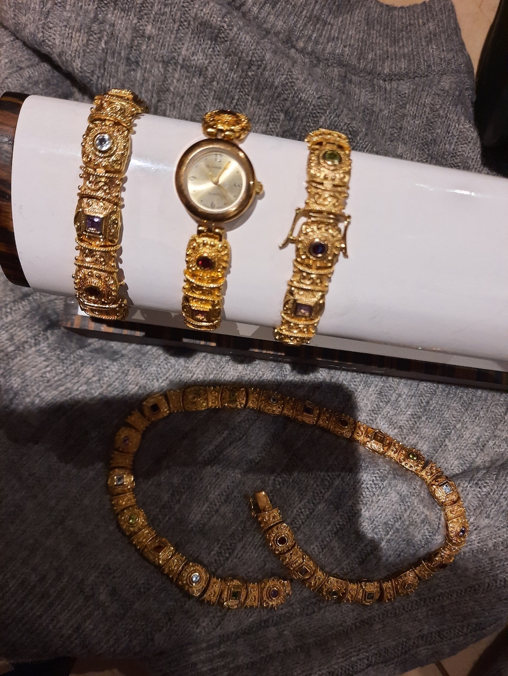 NEW SOLID 22K YELLOW GOLD OVER STERLING SILVER REAL GEMSTONES ETRUSCAN BRACELET